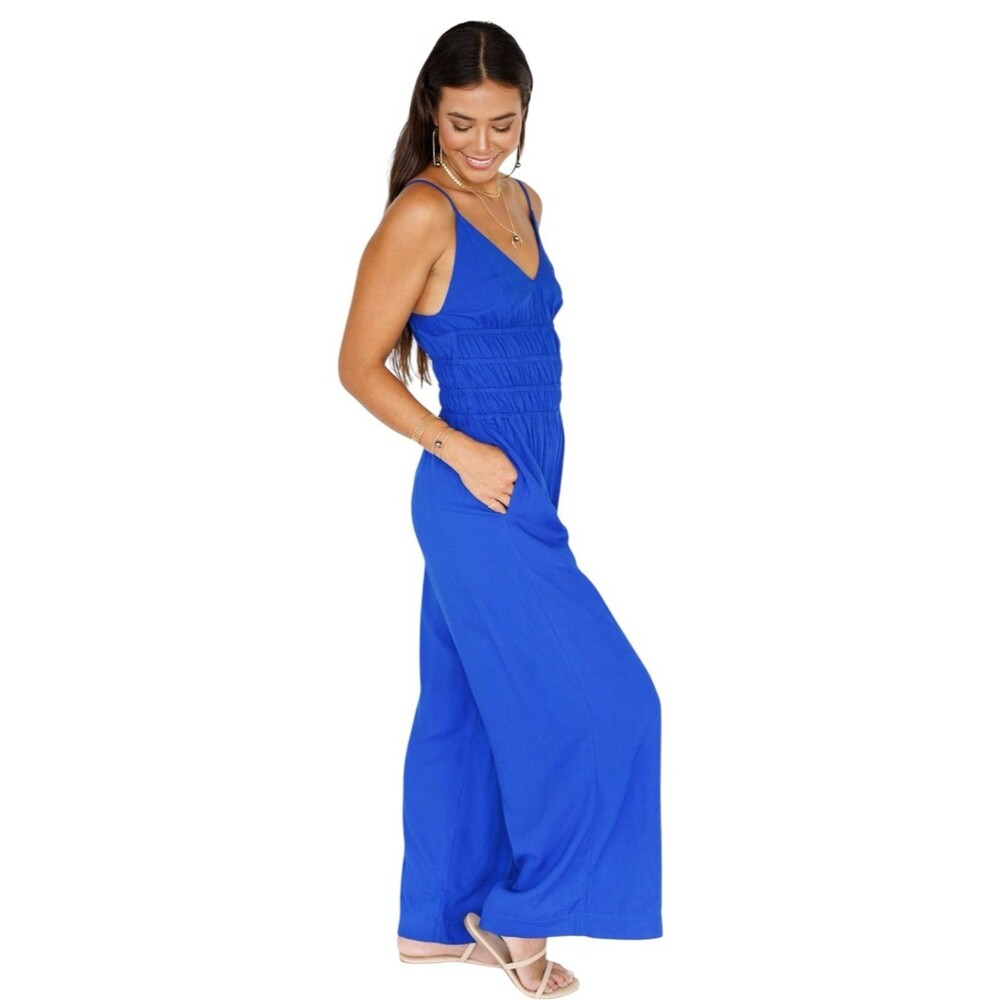Khush Opal Jumpsuit Womens S Cobalt Blue Smocked Wide Leg Rayon Resort Boho